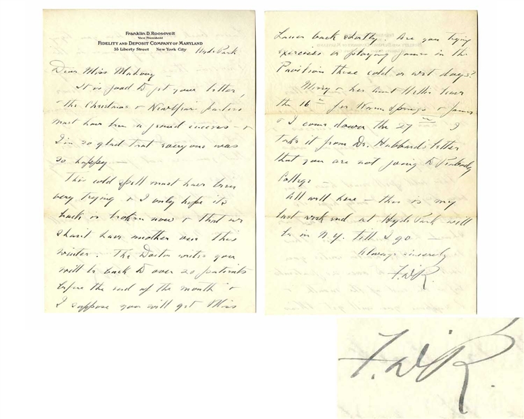 Franklin D. Roosevelt Autograph Letter Signed to Helena Mahoney, His Warm Springs Physical Therapist -- ''...The Doctor writes you will be back to over 20 patients before the end of the month...''